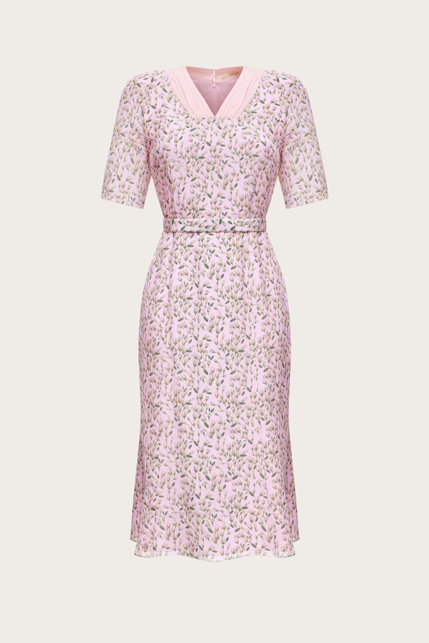 ПЛАТЬЕ-МИДИ ИЗ РОЗОВОГО ШЕЛКА С АВТОРСКИМ ПРИНТОМ
