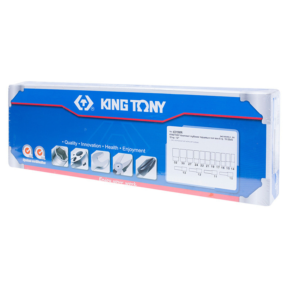 KING TONY (4315MR) Набор глубоких торцевых головок 1/2", 6-гранные, 10-32 мм, 15 предметов