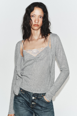 ZARA КАРДИГАН С КОНТРАСТНЫМ КРУЖЕВНЫМ ТОПОМ, СЕРЫЙ МЕЛАНЖ