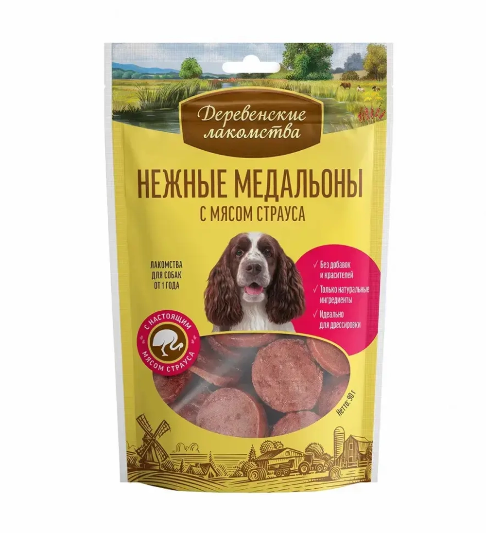 Деревенские лакомства нежные медальоны для собак с мясом страуса - 90 г
