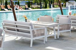 "Сан Ремо" диван 2-местный плетеный из роупа, каркас алюминий белый, роуп бежевый, ткань бежевая