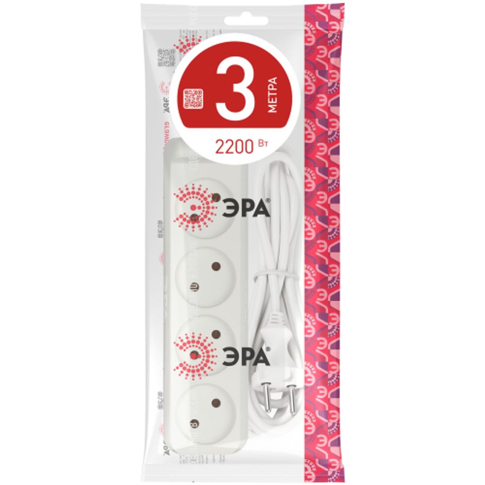 Удлинитель электрический ЭРА U-4-3m-2x1 без заземления 4 розетки 3м ПВС 2x1мм2 10А