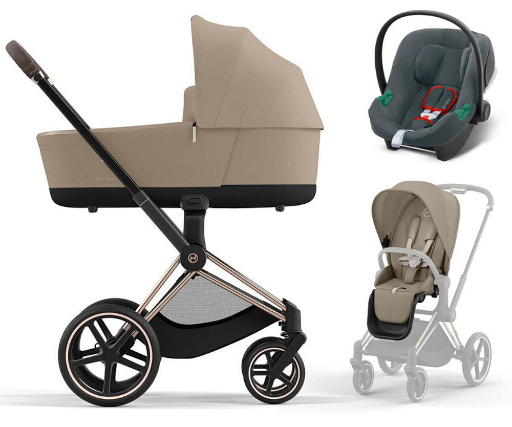 Коляска 3 в 1 Cybex Priam IV Rosegold complete и автокресло Aton B2 i-Size Steel Grey Cozy Beige