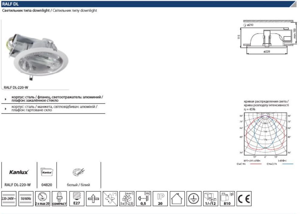 Светильники даунлайт KANLUX RALF DL-220-W
