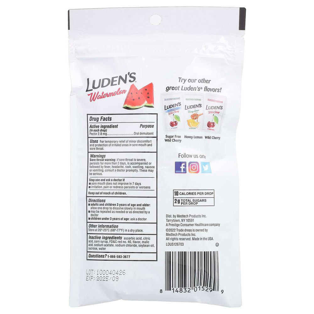 Luden's, пектиновая пастилка/смягчающее средство для полости рта, арбуз, 25 капель для горла