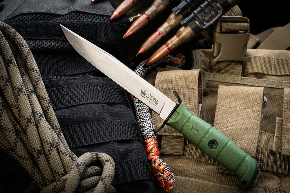 Нож Kizlyar Supreme VECTOR Sleipner SW OKH PS (StoneWash, Oliva Kraton Handle, Polyamide Sheath)