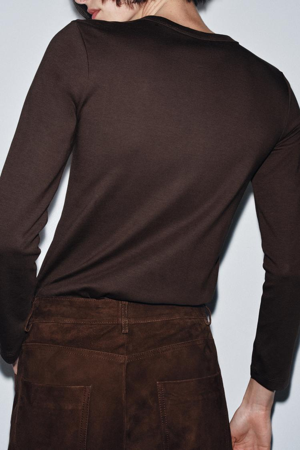 ZARA ФУТБОЛКА INTERLOCK С ДЛИННЫМИ РУКАВАМИ, ШОКОЛАДНЫЙ