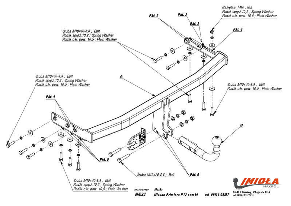 Фаркоп IMIOLA N.034 Nissan Primera универсал 2002-2007(паспорт и сертификат в комплекте)(без электрики)