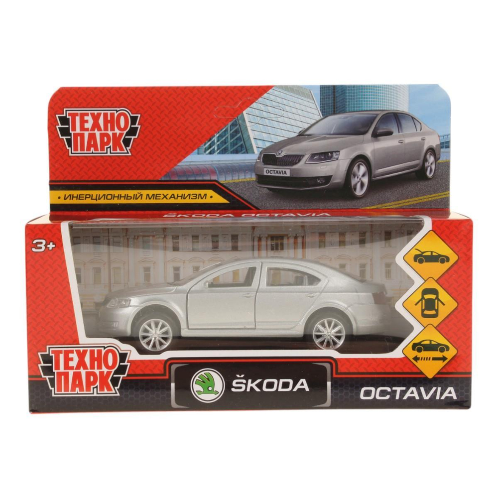 Модель ин. мет. "Skoda Octavia" 12см. двери, багаж, серебристый коробка OCTAVIA-12-SR (Технопарк)