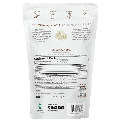 Micro Ingredients, оболочка семян подорожника в растительных капсулах, 500 вегетарианских капсул (500 мг в 1 капсуле)