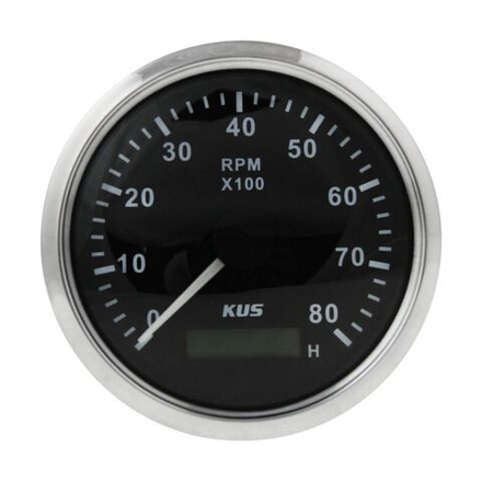 Тахометр 0-8000 об/мин со счетчиком моточасов делитель 0.5-250, черный циферблат, нержавеющий ободок