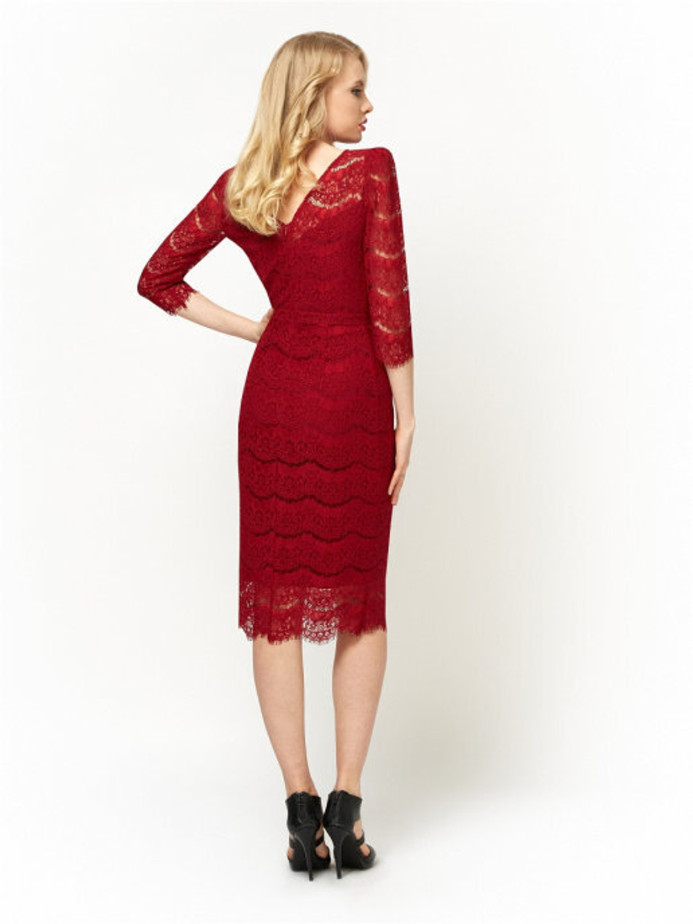 Кружевное платье-футляр с рукавом 3/4 бордовое 12-01-20 SS