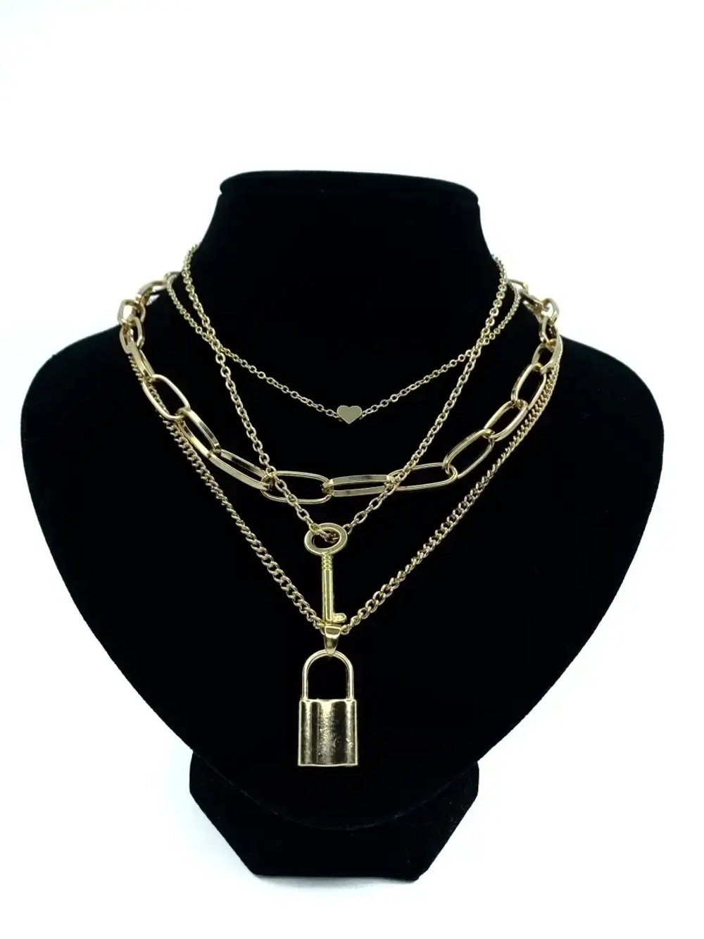 Многослойная золотистая цепочка с подвесками Ключ и Замочек