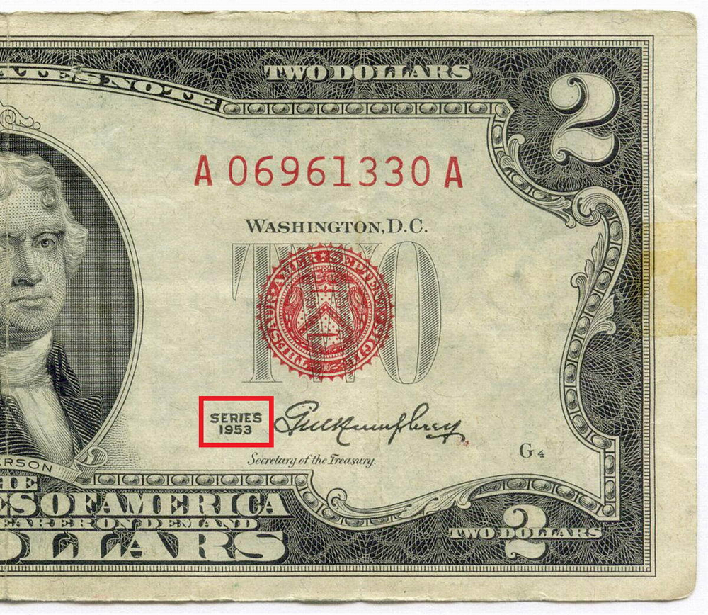 Банкнота США 2 доллара 1953 A 06961330 A. F-VF (надпись карандашом)