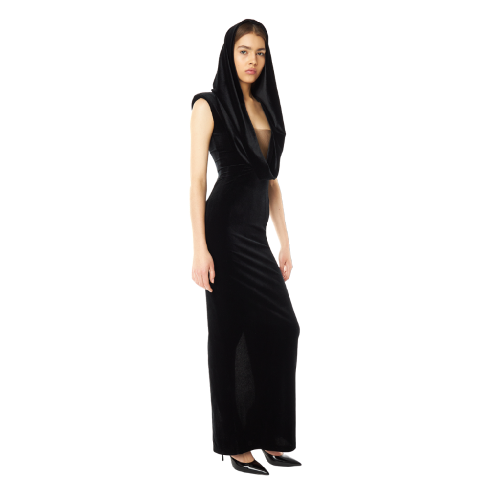 Платье макси с капюшоном из бархата