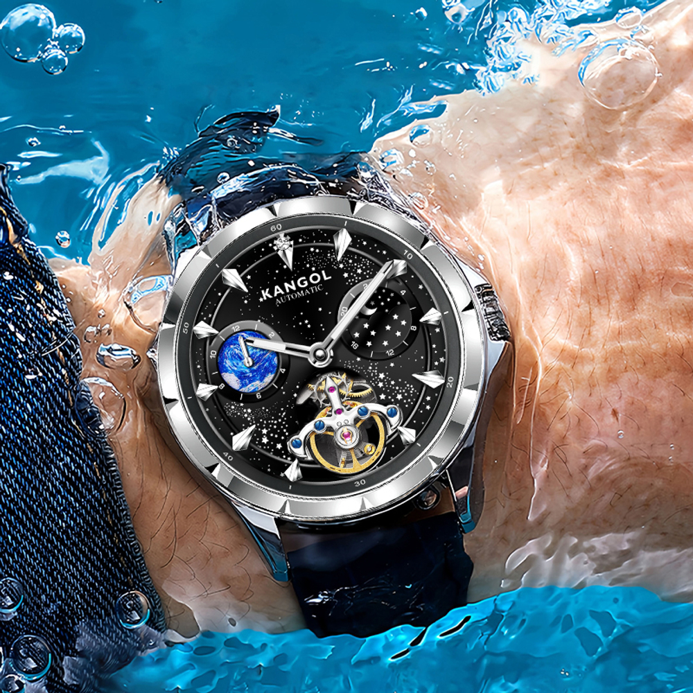 KANGOL Automatic Mechanical Movement Genuine Leather Strap Watch Men"s Watches Skeleton Dial