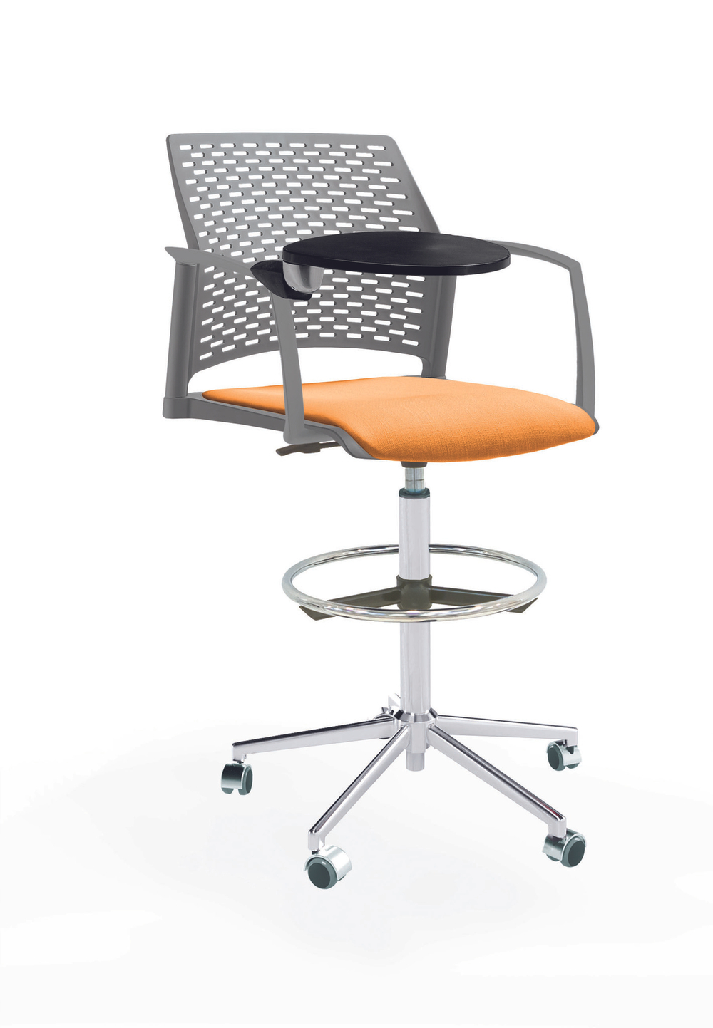 Кресло Rewind каркас хром, пластик серый, база стальная хромированная, с закрытыми подлокотниками и пюпитром, сиденье оранжевое