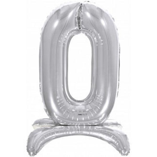 Фольгированная цифра 0, Серебряная на подставке, 81 см