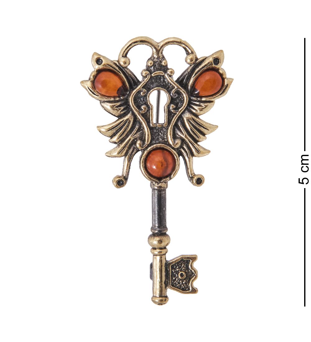 AM-4061 Брошь «Ключик Бабочка» (латунь, янтарь)