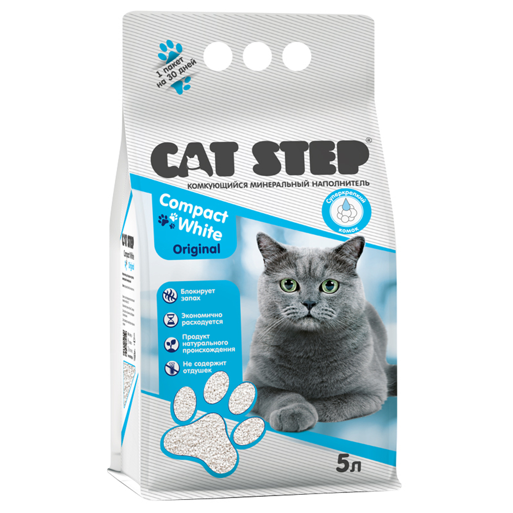 Наполнитель комкующийся минеральный CAT STEP Compact White Original, 5 л