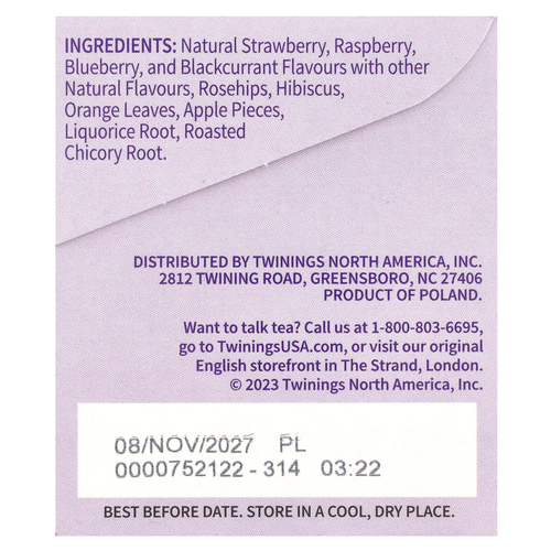 Twinings, Ароматизированный травяной чай, лесные ягоды, без кофеина, 20 чайных пакетиков, 40 г (1,41 унции)