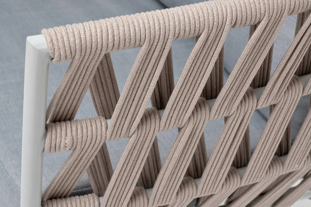 "Диего" кресло плетеное из роупа, каркас алюминий светло-серый (RAL7035) муар, роуп бежевый круглый, ткань светло-серая