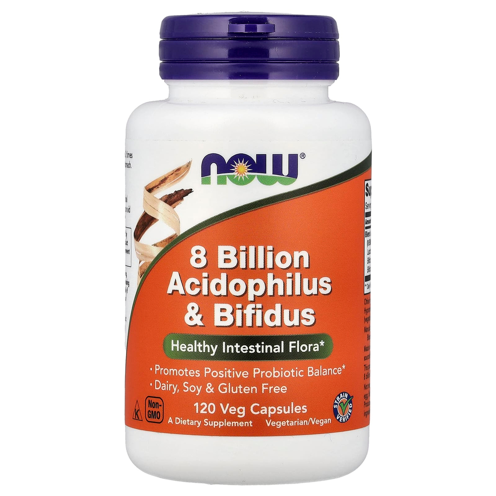 NOW Foods, 8 млрд ацидофильных и бифидобактерий, 120 вегетарианских капсул (68 мг в 1 капсуле)