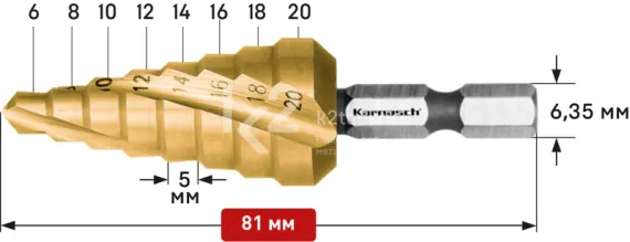 Ступенчатое сверло Ø 6-20 мм, HSS-XE с покрытием TiN-GOLD, ударный хвостовик, двухзаходное, Karnasch, арт. 21.3041
