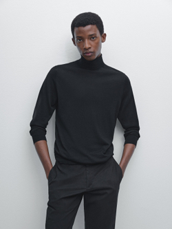 Massimo Dutti Трикотажный свитер из смесовой шерсти с высоким воротником, черный