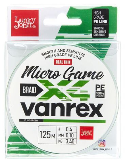 Плетеный шнур Lucky John Vanrex MICRO GAME х4 BRAID Fluo Green 125 м - 0.10  мм