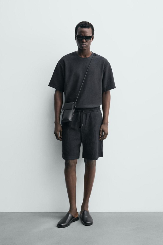 ZARA ШОРТЫ-ДЖОГГЕРЫ ИЗ РЕЛЬЕФНОЙ ТКАНИ, СТАЛЬНОЙ СИНИЙ