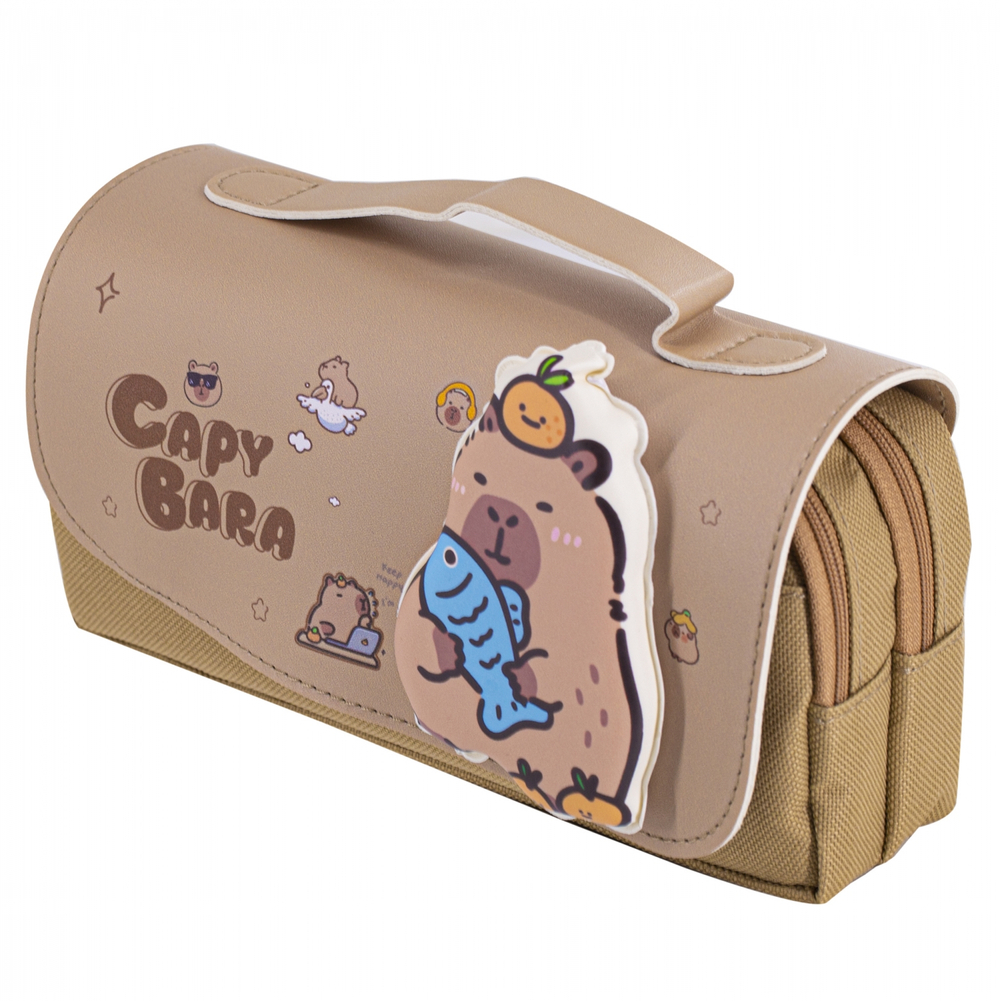 Пенал - косметичка Alingar, ПВХ/ткань, молния, 2 отделения, боковой карман, липучка, ручка, 190 х 80 х 50 мм, "CAPYBARA", бежевый, европодвес