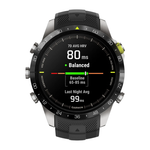 Спортивные часы Garmin MARQ Athlete (Gen 2), чёрный силиконовый ремешок Безель и корпус из титана, AMOLED-дисплей с куполообразным сапфировым стеклом. Ремешок с классической застёжкой — на запястье обхватом 135–213 мм