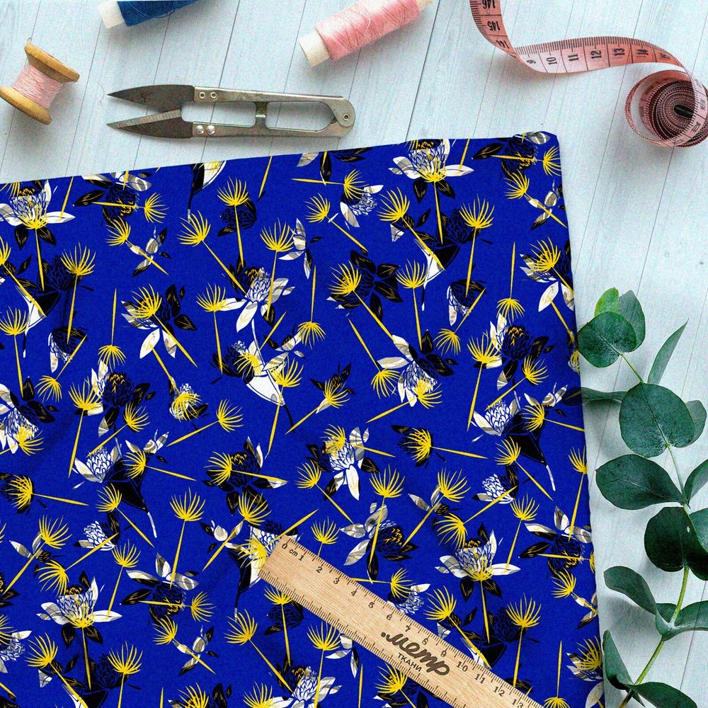 Ткань таффета пустые стебои одуванчиков на синем фоне