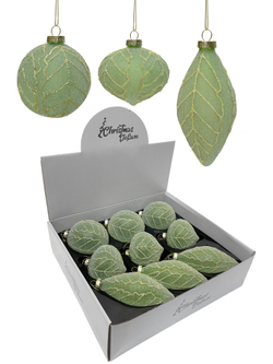 Набор елочных игрушек 8см 9шт ChristmasDeLuxe зеленый в инее с листьями