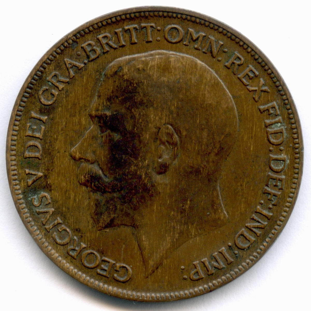 1 пенни 1921 год. Великобритания (Георг V). Бронза, диаметр 30.8 мм. XF