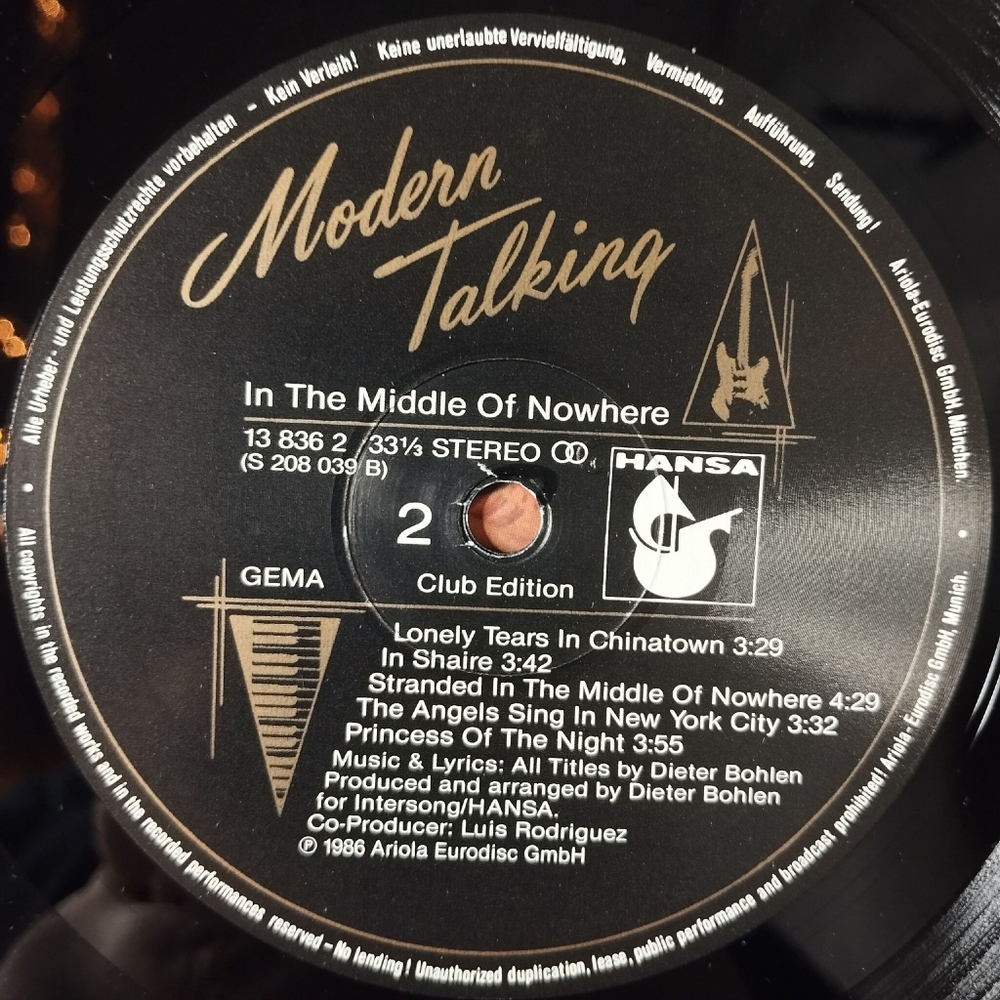 Винтажная виниловая пластинка LP Modern Talking In The Middle Of Nowhere The 4th Album (Germany 1986) (Club Edition) Geronimo's Cadillac