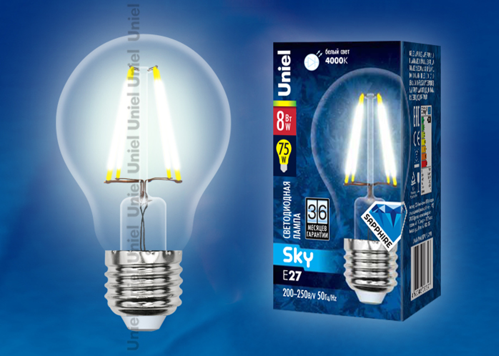 LED-A60-8W/NW/E27/CL PLS02WH Лампа светодиодная. Форма "A", прозрачная. Серия Sky. Белый свет. Картон. ТМ Uniel