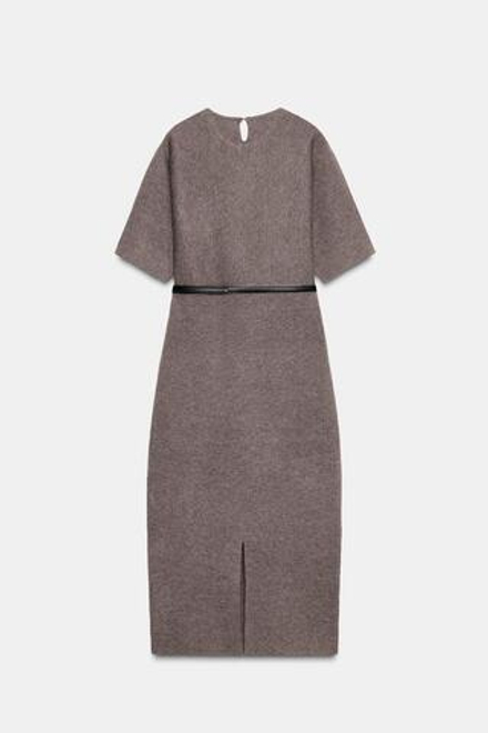 ZARA ВЯЗАНОЕ ПЛАТЬЕ МИДИ С ПОЯСОМ, СВЕТЛО-КОРИЧНЕВЫЙ