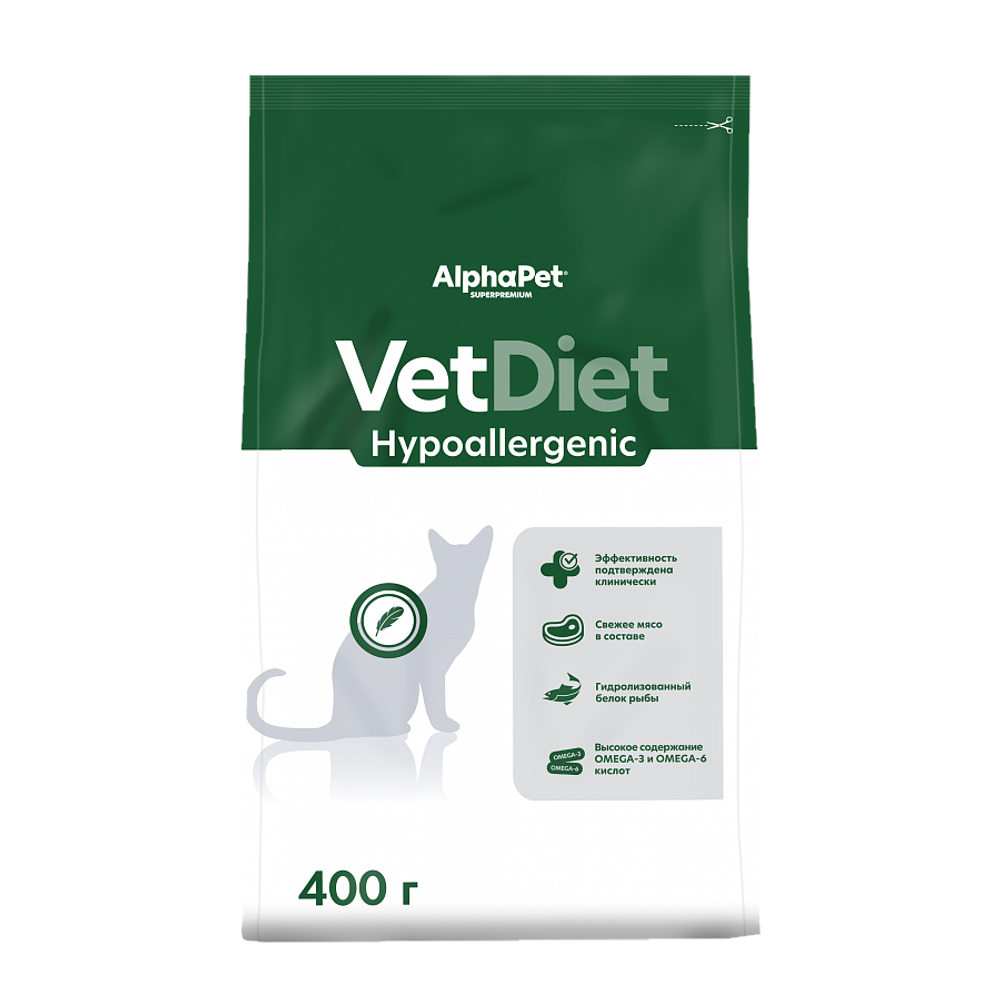 Уценка! Срок 06.08.26/ Сухой диетический корм AlphaPet VetDiet HYPOALERGENIC для взрослых кошек и котов при пищевой аллергии и непереносимости ингредиентов