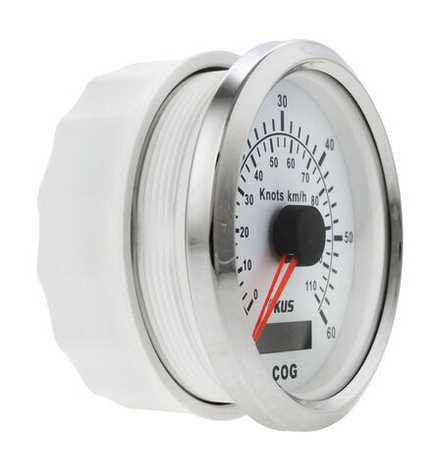GPS-спидометр аналоговый 0-60 узлов, белый циферблат, нержавеющий ободок, выносная антенна, д. 85 мм