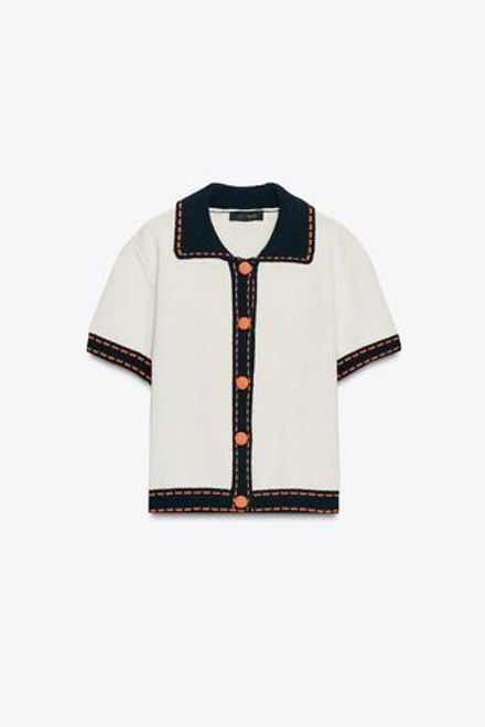 ZARA ТРИКОТАЖНЫЙ КАРДИГАН С КОРОТКИМИ РУКАВАМИ И ДЕКОРАТИВНОЙ СТРОЧКОЙ, ЭКРЮ