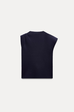 ZARA ОДНОТОННЫЙ ТРИКОТАЖНЫЙ ТОП С ЗОЛОТИСТОЙ ДЕТАЛЬЮ, МОРСКОЙ СИНИЙ