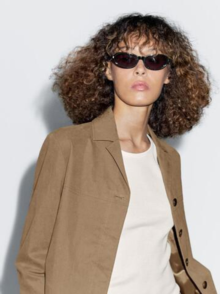 Massimo Dutti Блейзер из смесового хлопка с пуговицей, бежевый