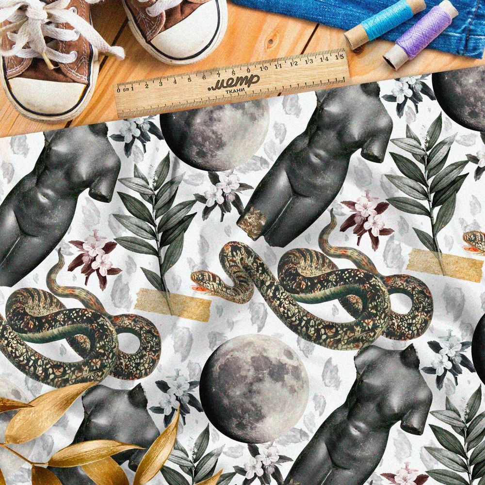 Ткань дюспо коллаж из скульптур, полной луны и змей