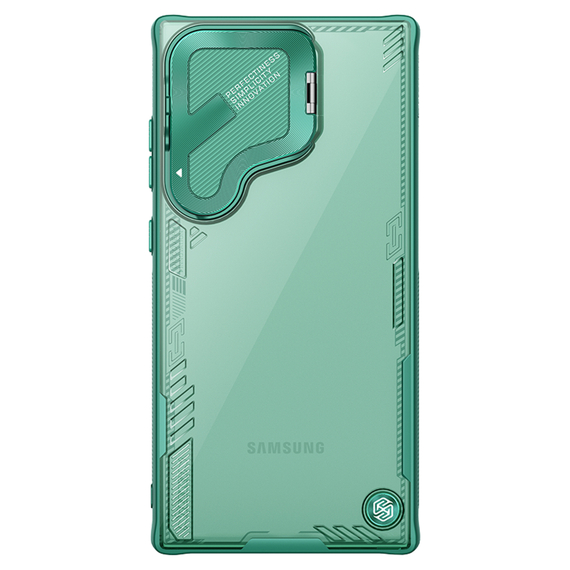 Чехол прозрачный зеленый (Glacier Green) от Nillkin с металлической откидной крышкой для камеры на Samsung Galaxy S24 Ultra, серия Iceblade Prop Case