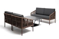 "Канны" лаунж-зона 4-местная из роупа со столом "Верона" (серый гранит), каркас алюминиевый коричневый, роуп коричневый