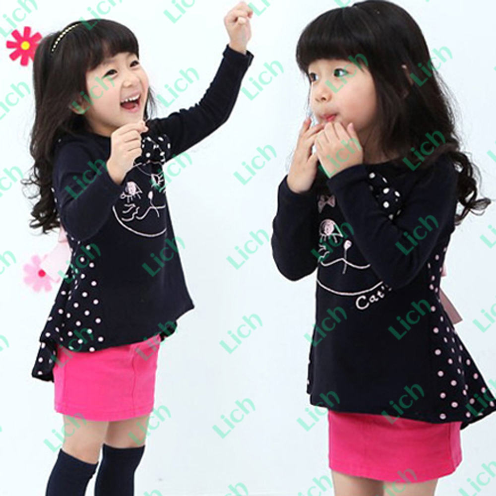 Туника в горох с асимметричным подолом, принтом кошки и надписью Cat's