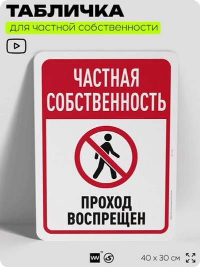 Табличка для частной территории "Частная собственность, проход воспрещен", на дом, для участка, организаций, предупреждающая, 40х30 см, Silver Plane x Айдентика Технолоджи