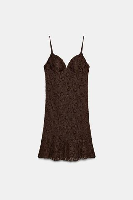 ZARA КОРОТКОЕ КРУЖЕВНОЕ ПЛАТЬЕ, ТЕМНО-КОРИЧНЕВЫЙ